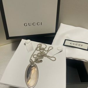 Gucci Sterling Silver Trademark Oval Tag Pendant Ball Chain Necklace
